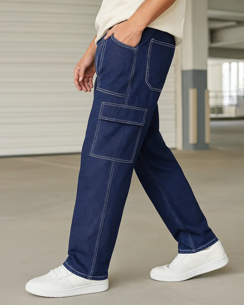 بيواكوف جينز كارجو رجالي أزرق مغسول بقصة مستقيمة وخصر متوسط